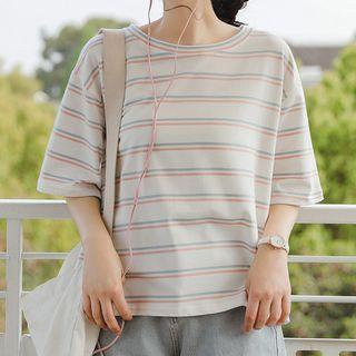 Short-sleeve Striped T-shirt Orange & Gray Stripe - White - One Size