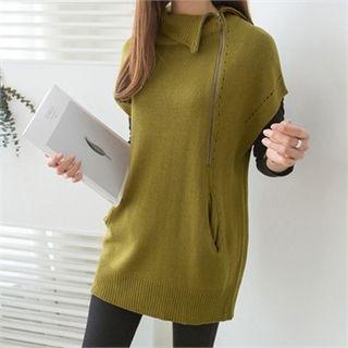 Zipped Turtleneck Cap-sleeve Knit Top