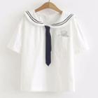 Sailor Collar Bear Embroidered Short-sleeve Shirt White - One Size