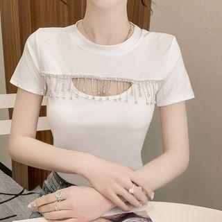 Short-sleeve Cutout Rhinestone Fringe T-shirt