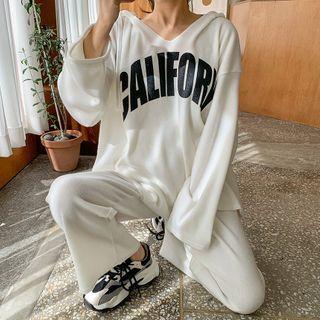Brushed-fleece Set: Letter Hoodie + Wide-leg Pants