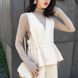 Set: V-neck Drawstring Knit Vest + Wide Leg Knit Pants