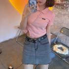 Short-sleeve Collared Cropped T-shirt Pink - One Size