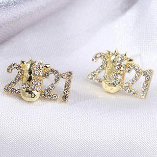 Rhinestone Numbering Sterling Silver Ear Stud 1 Pair - 2021 - A199 - Gold - One Size