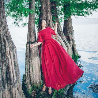 Elbow-sleeve Tie-up Gather-waist Maxi Dress