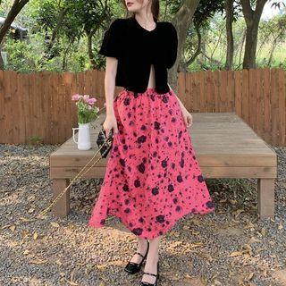Puff-sleeve Slit Top / High-waist Floral A-line Midi Skirt