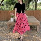 Puff-sleeve Slit Top / High-waist Floral A-line Midi Skirt