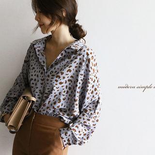 Dolman-sleeve Leopard Shirt Sky Blue - One Size