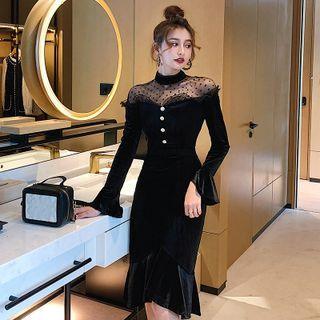 Bell-sleeve Mesh Panel Velvet Sheath Dress