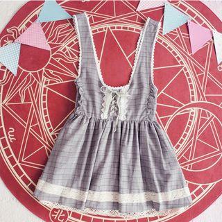 Lace Up Front Plaid Pinafore Dress