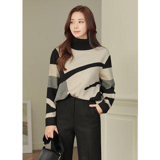 Mock-neck Patterned Knit Top Beige - One Size