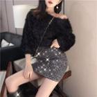 3/4-sleeve Cold-shoulder Glitter Top / Sequined Mini Bodycon Skirt