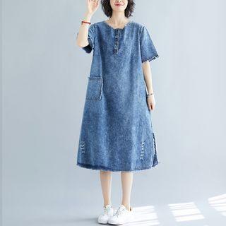 Short-sleeve Washed Denim A-line Midi Dress