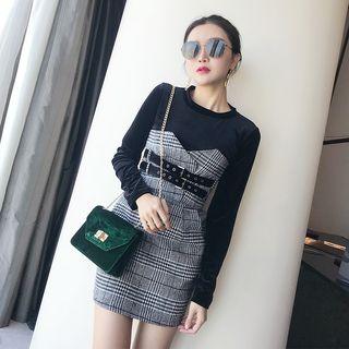 Set: Mock-neck Long-sleeve Top + Plaid Strapless Dress + Waist Belt
