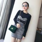 Set: Mock-neck Long-sleeve Top + Plaid Strapless Dress + Waist Belt