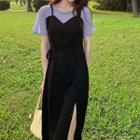 Mock Two-piece Short-sleeve Slit Midi Dress