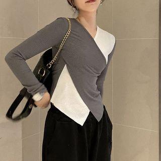 Long-sleeve Two-tone Fitted Top
