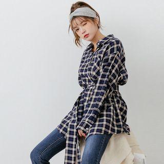 Longline Plaid Shirt With Sash
