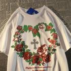 Elbow-sleeve Floral Print Rhinestone T-shirt