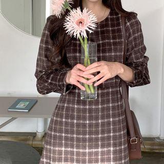 Round-neck Tie-waist Checked Flare Dress Brown - One Size