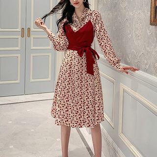 Set: Sleeveless Lace-up Top + Print Long-sleeve Dress