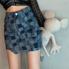 Long-sleeve Sheer Lace Top / Patchwork Denim Mini Skirt
