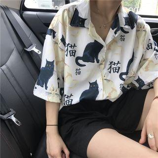 Short Sleeve Cat Printed Shirt / Wide Leg Shorts