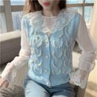 Long-sleeve Lace Trim Blouse / Faux Pearl Button-up Sweater Vest