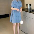 Puff-sleeve Ruffle Trim Midi A-line Shirtdress