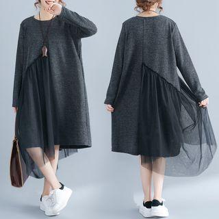 Mesh Panel Long-sleeve Pullover Dress