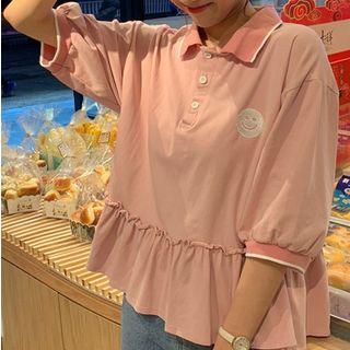 Ruffle Hem Elbow-sleeve Polo Shirt