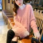 Set: Furry Long Sweater + Lace Top