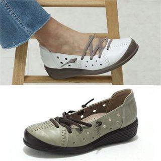 Genuine Leather Perforated Lace-up Loafers
