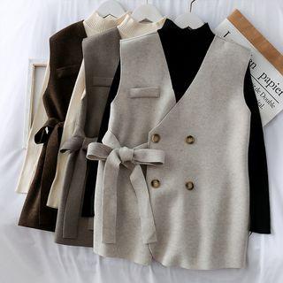 Set: Mock-neck Knit Top + Double-breasted Wool Vest
