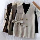 Set: Mock-neck Knit Top + Double-breasted Wool Vest
