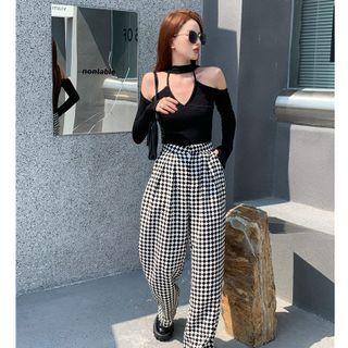 Long-sleeve Cold-shoulder Slim-fit Top / High-waist Check Pants ( Various Designs)