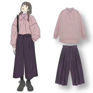 Mock-turtleneck Long-sleeve Top / Plain Shirt / Corduroy Wide Leg Pants