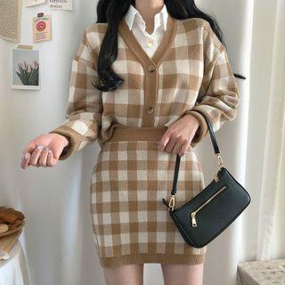 Gingham Cardigan / Knit Skirt