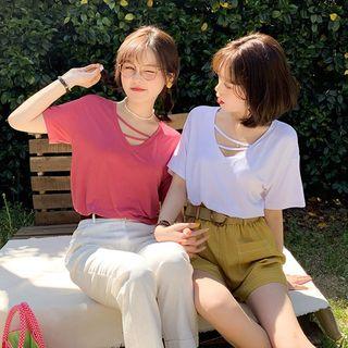 Short-sleeve V-neck Cutout Plain T-shirt