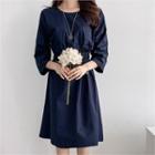 3/4-sleeve Band-waist A-line Dress