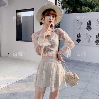 Set: Dotted Long-sleeve Tankini Top + Swim Skirt