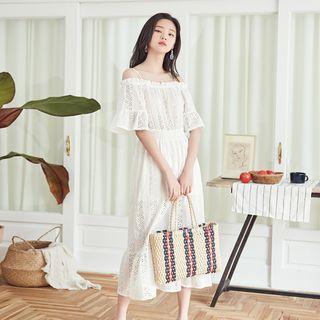 Off-shoulder Eyelet Midi Dress