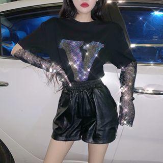 Long-sleeve Rhinestone Paneled T-shirt / Faux Leather Hot Pants