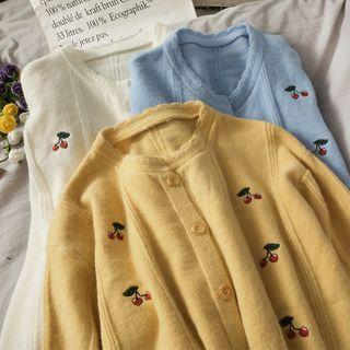 Cherry-embroidered Button-down Knit Top