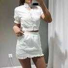 Set: Short-sleeve Cropped Top + Mini Skirt White - One Size