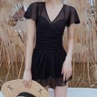 Short Sleeve V-neck Mesh Ruched Swim Dress