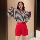 Set: Long-sleeve Striped T-shirt + Wide-leg Sweatshorts T-shirt - Black & White - One Size / Shorts - Red - One Size