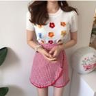 Flower Embroidered Short-sleeve Top / Plaid A-line Mini Skirt