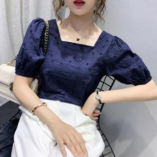 Short-sleeve Eyelet Lace Square-neck Blouse