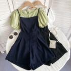 Set: Spaghetti-strap Wide Leg Romper + Short-sleeve Blouse